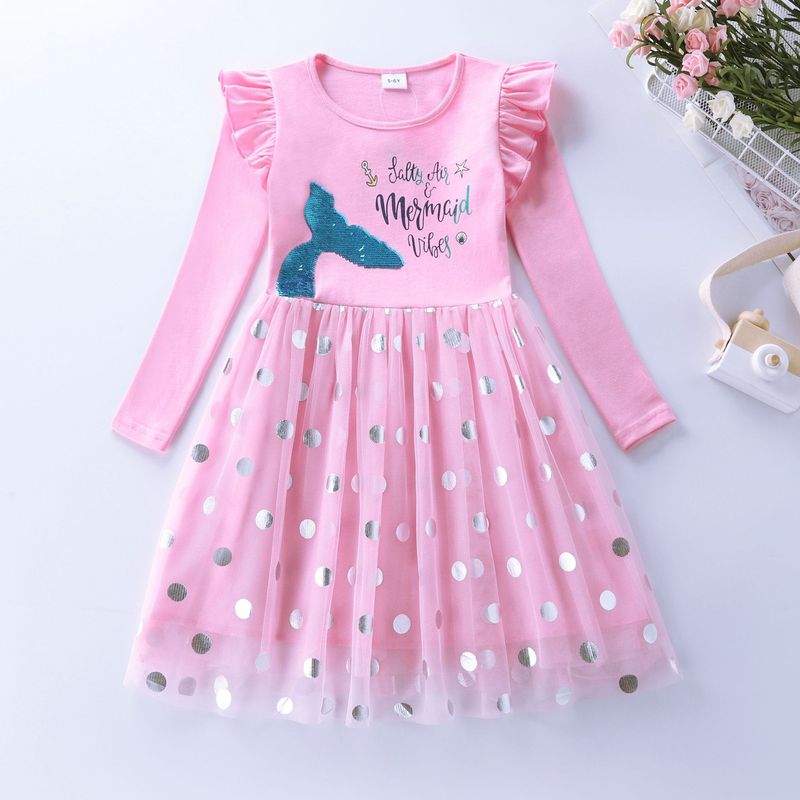 Children's Girls Long Sleeve Mermaid Embroidered Mesh Princess Autumn Back to School Season dress LH1803