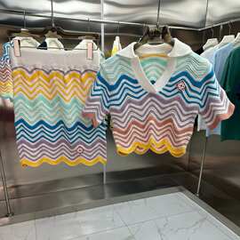 欧美潮牌 CASA卡萨女士针织短裙短袖套装拼接波浪条纹包裙polo翻