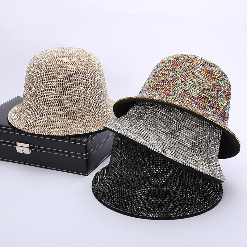 Nuevo sombrero de pescador retro europeo y americano de gama alta rhinestone cuenca sombrero de verano de las mujeres sombrero de sol rendimiento de moda sombrero transfronterizo