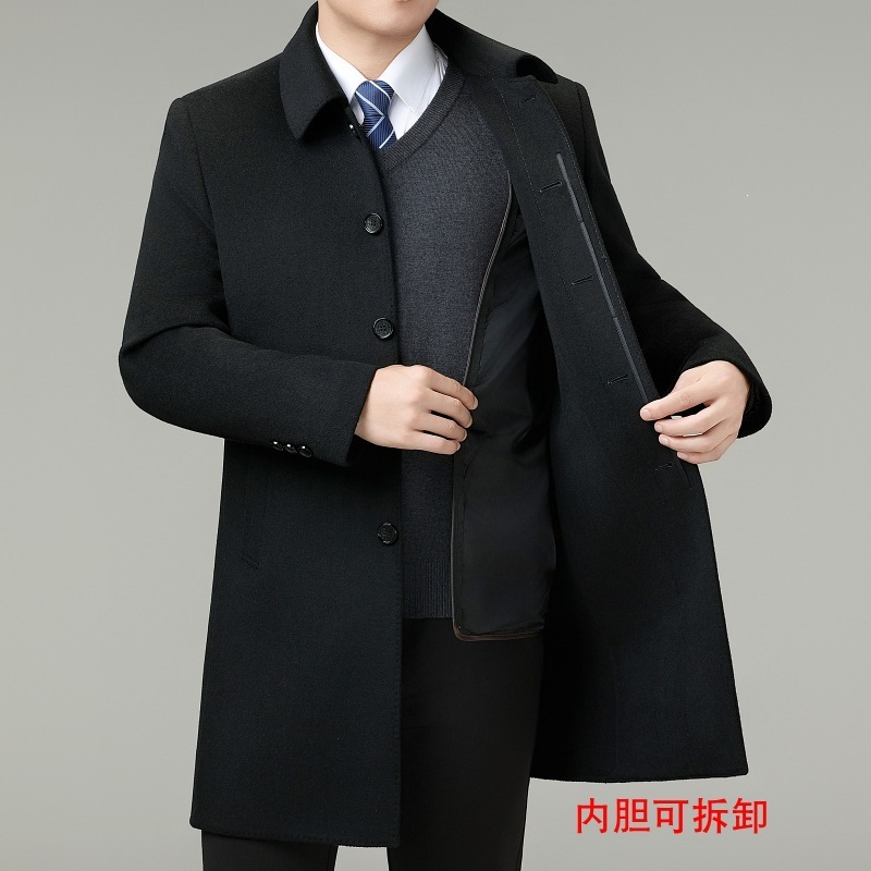 冬季双面呢翻领外套中年男士中长款羊毛呢加厚鹅绒内胆扣子款大衣