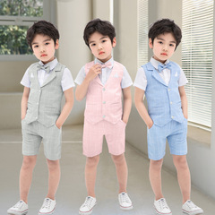 Summer New Children's Set Wholesale Baby Plain Plaid Small Vest Dress Three-Piece Set June 1st Children's Performance Costume