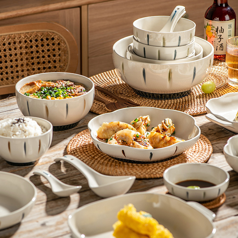 Japanese-Style Tableware Bowls and Plates, Light Luxury Home-Use Simple Ceramic Plates, Dish Plates, Soup Bowls, Fish Plates, Gift-Giving, Light Luxury Retro