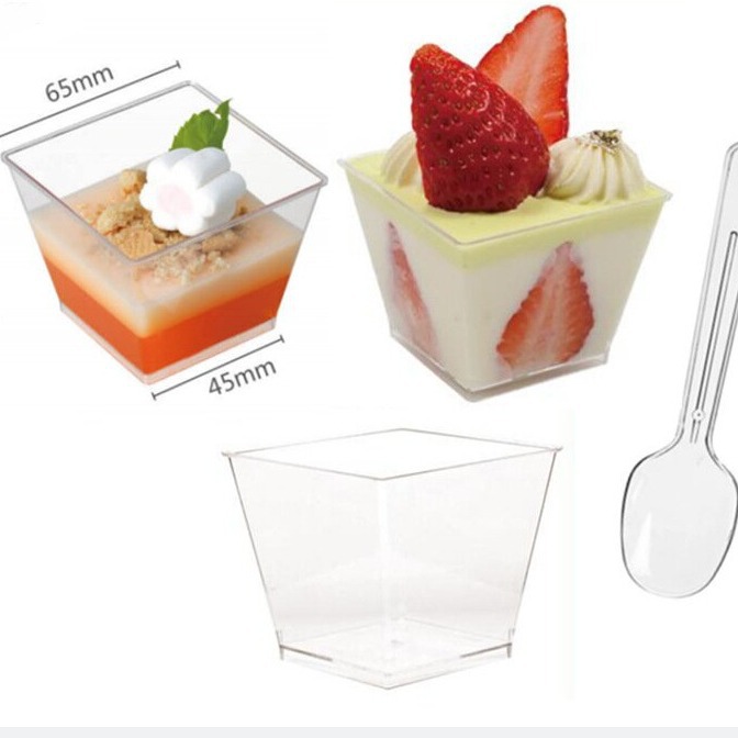 120ml 4OZPS Copa de postres de plástico Copa de mousse Copa de salvado de madera Copa de pudín Tiramisú Copa de moldeo por inyección más cuchara