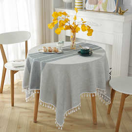 跨境桌布北欧ins棉麻餐桌布圆方形小书桌垫流苏提花台布现货批发