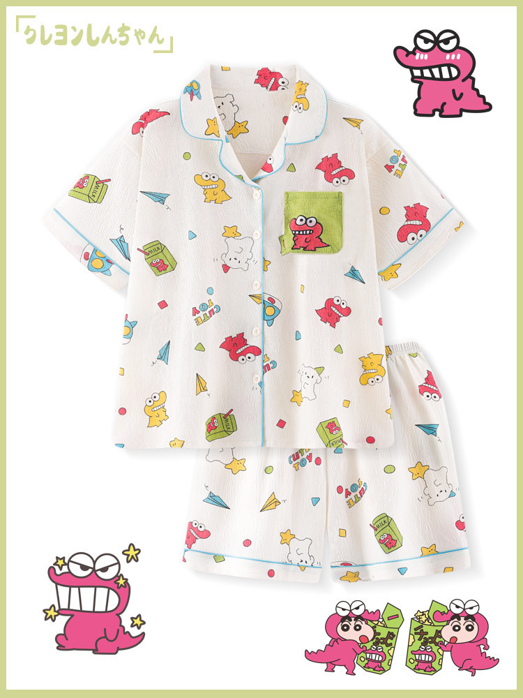 日系鳄先生睡衣夏季女款棉棉纱布卡通可爱短袖套装夏天棉纱家居服