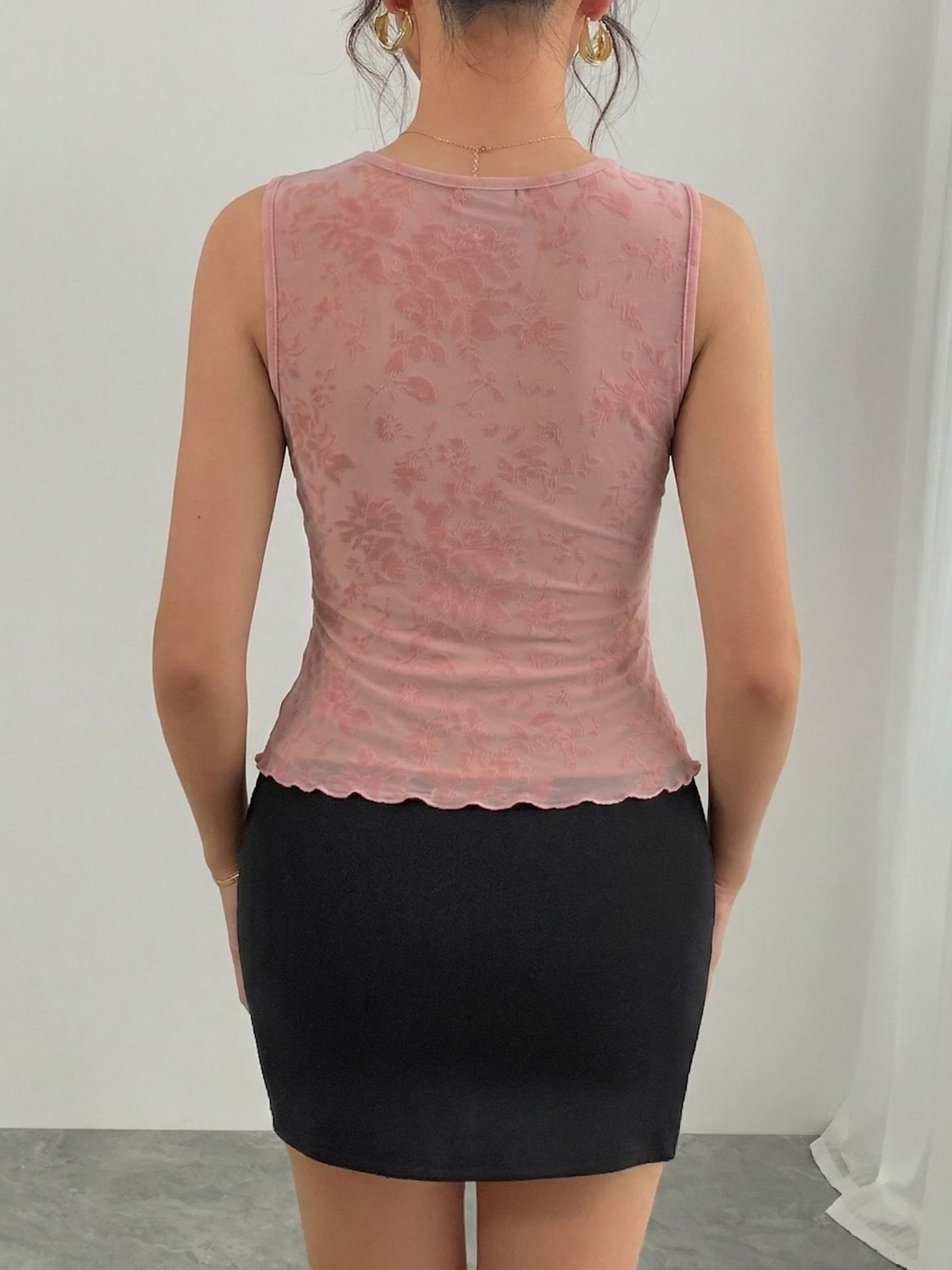 Women's Slim Fit Lace Vest Top Pink Color Block V Neck Flocked Mesh Style Spring Summer New_ecoleips.com