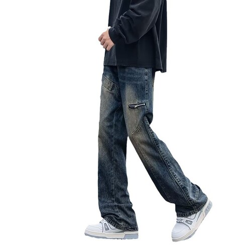 2024 Summer American Retro Blue Straight Leg Jeans for Trendy Men Streetwear Distressed Loose Splicing Fashion Pants