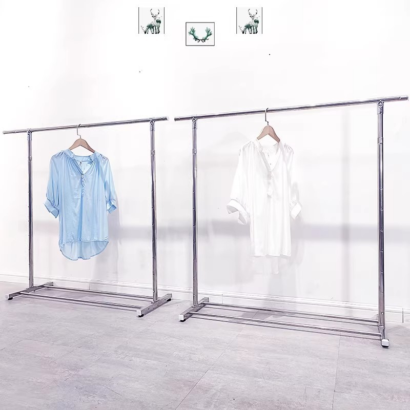Estante de exhibición de ropa de acero inoxidable de una sola barra tipo piso estante de ropa altura ajustable telescópico pórtico de isla media