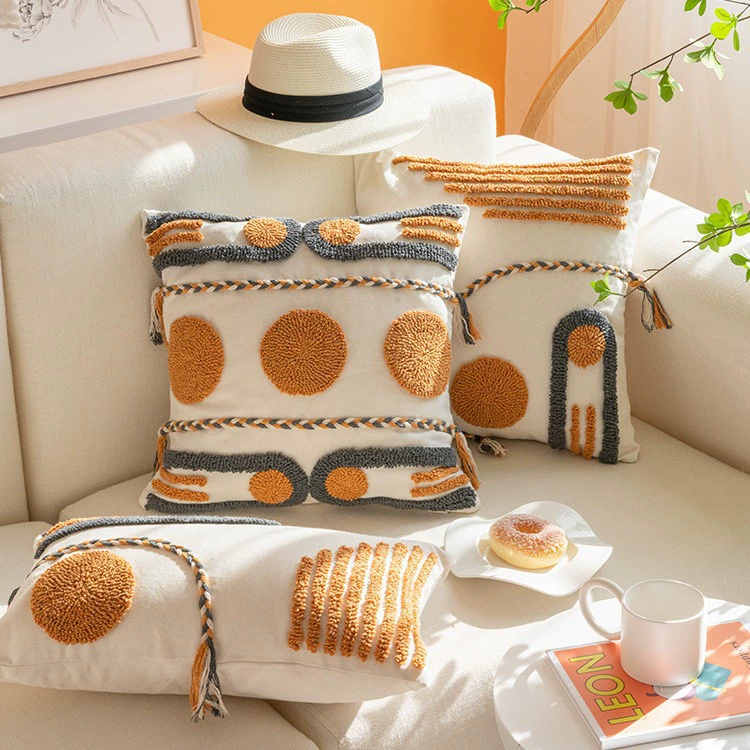 Scandinavian pillow, pillowcase, orange decorations, boho style, India