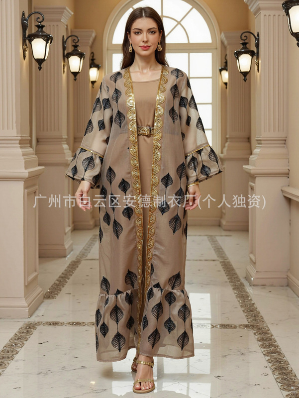 Musilin 越境ホットセール中東レディースファッションスパンコール金縁刺繍ガーゼローブ 2 点セット独立したステーション|undefined