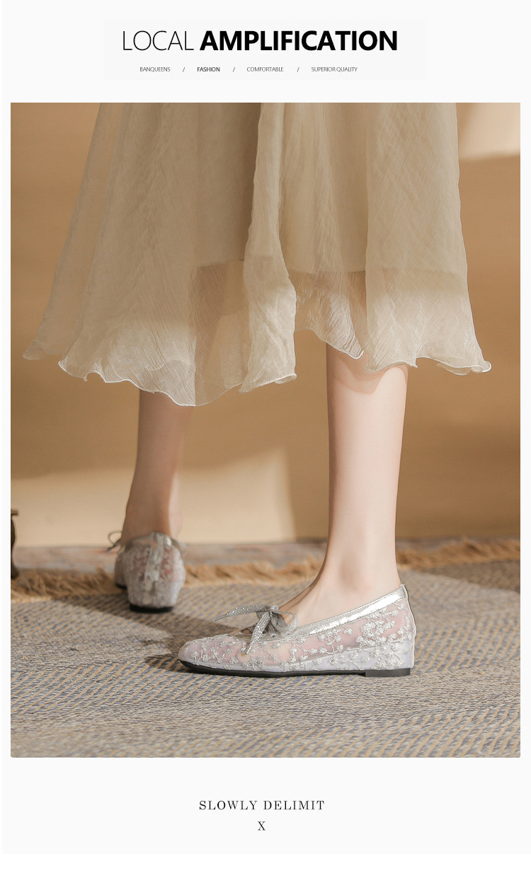 Sandal cao gót nữ ren lưới hở mũi phong cách Pháp — Champagne màu chi tiết 7