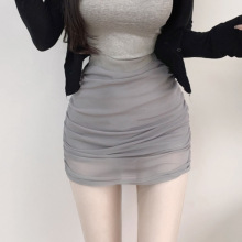 韩国春夏气质辣妹风显瘦高腰褶皱显身材包臀网纱百搭半身短裙女