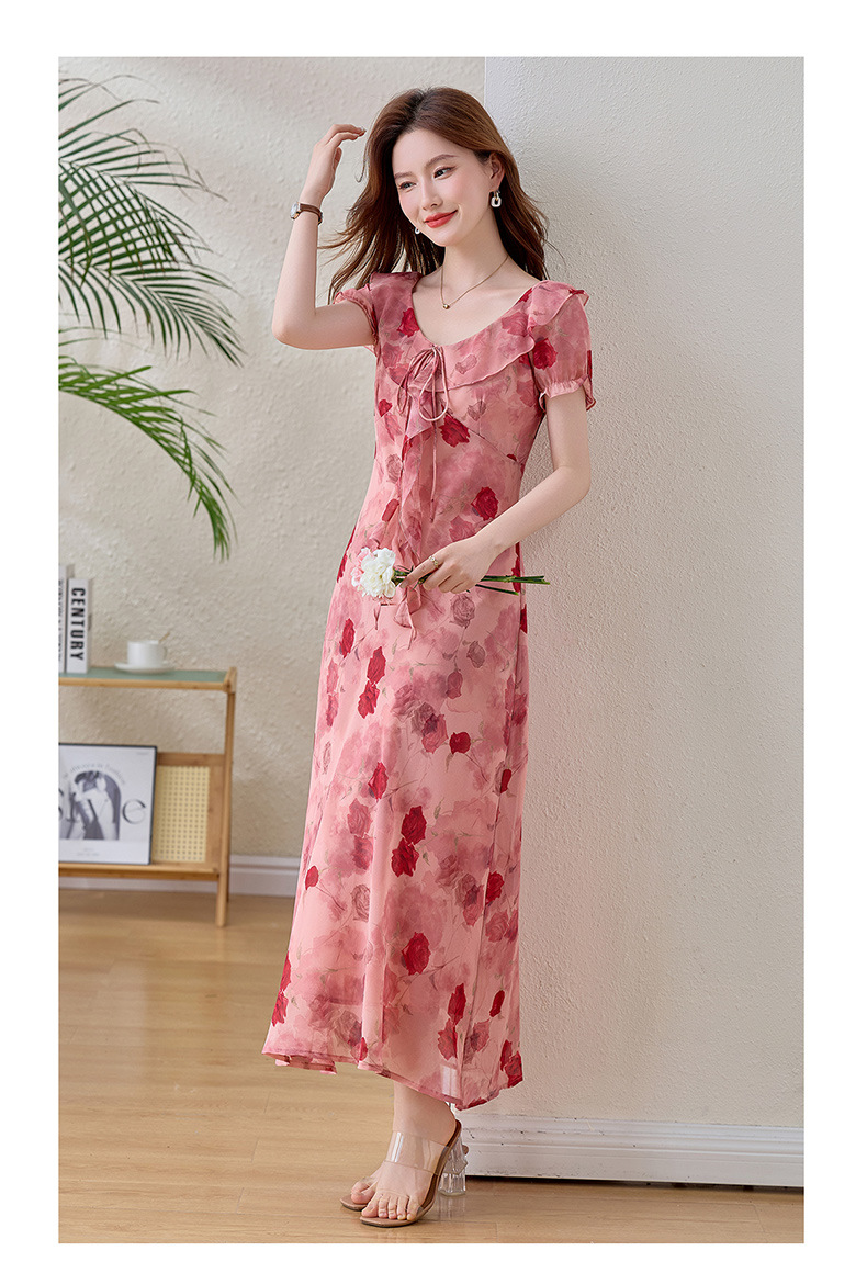 Đầm maxi nữ hoa hồng cổ V tay ngắn thắt eo — Hồng lãng mạn chi tiết 19
