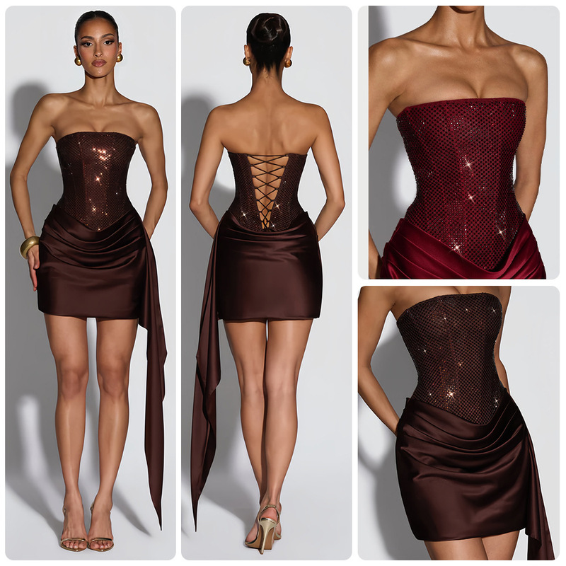 European and American Style Strapless Dress with Rhinestones, Satin Asymmetrical Short Skirt, Party Nightclub Tight-Fitting Elegant Gown
