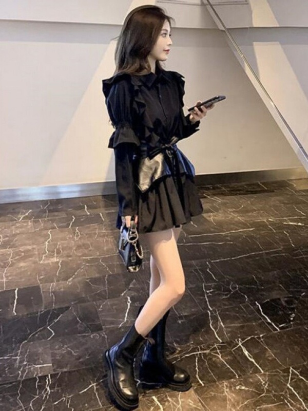 秋季新款洋气减龄炸街连衣裙套装女设计感衬衫收腰裙子气质两件套|undefined