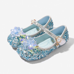 Girls Princess Shoes New Spring and Autumn Style Little Girls Flat Shoes Blue Crystal Flower Children's Leather Shoes Female Baby Shoes