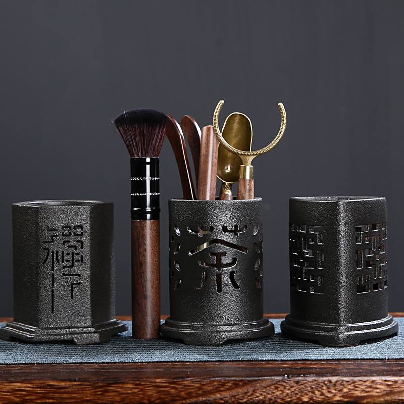Tea ceremony Liujunzi ceramics Hollow Storage bin Ebony Clamp Tea Make tea tool suit Five-piece