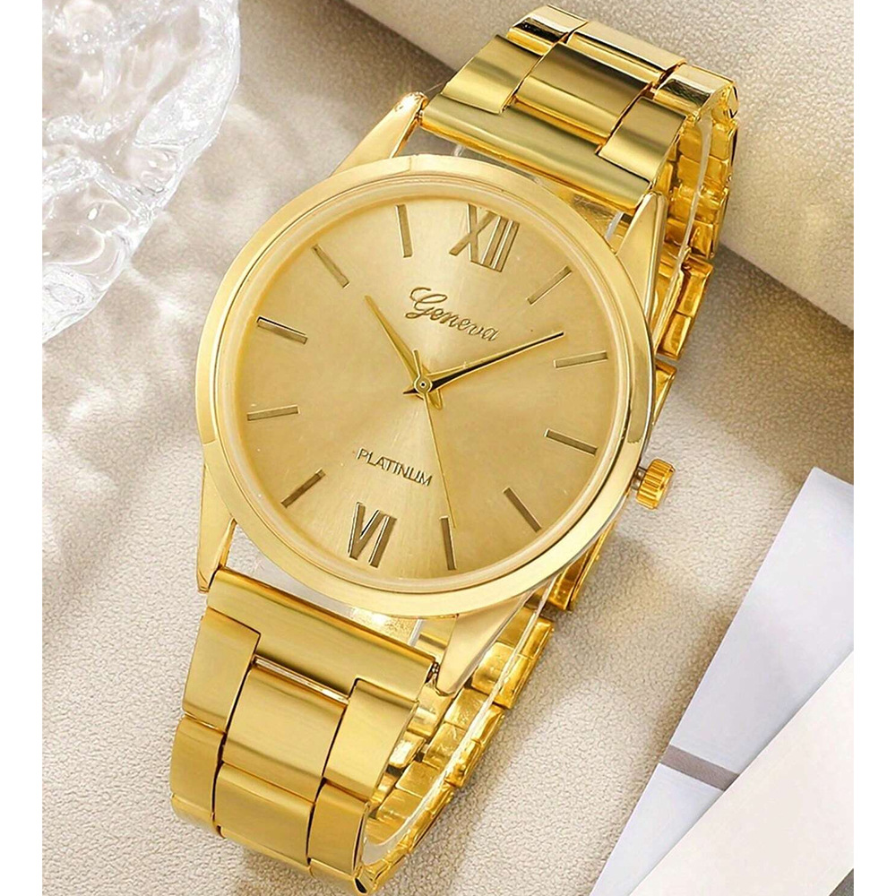 Ventas transfronterizas calientes oro reloj de cara romana pulsera damas 4 piezas conjunto de reloj de cuarzo de acero reloj de aleación de alta calidad image 2