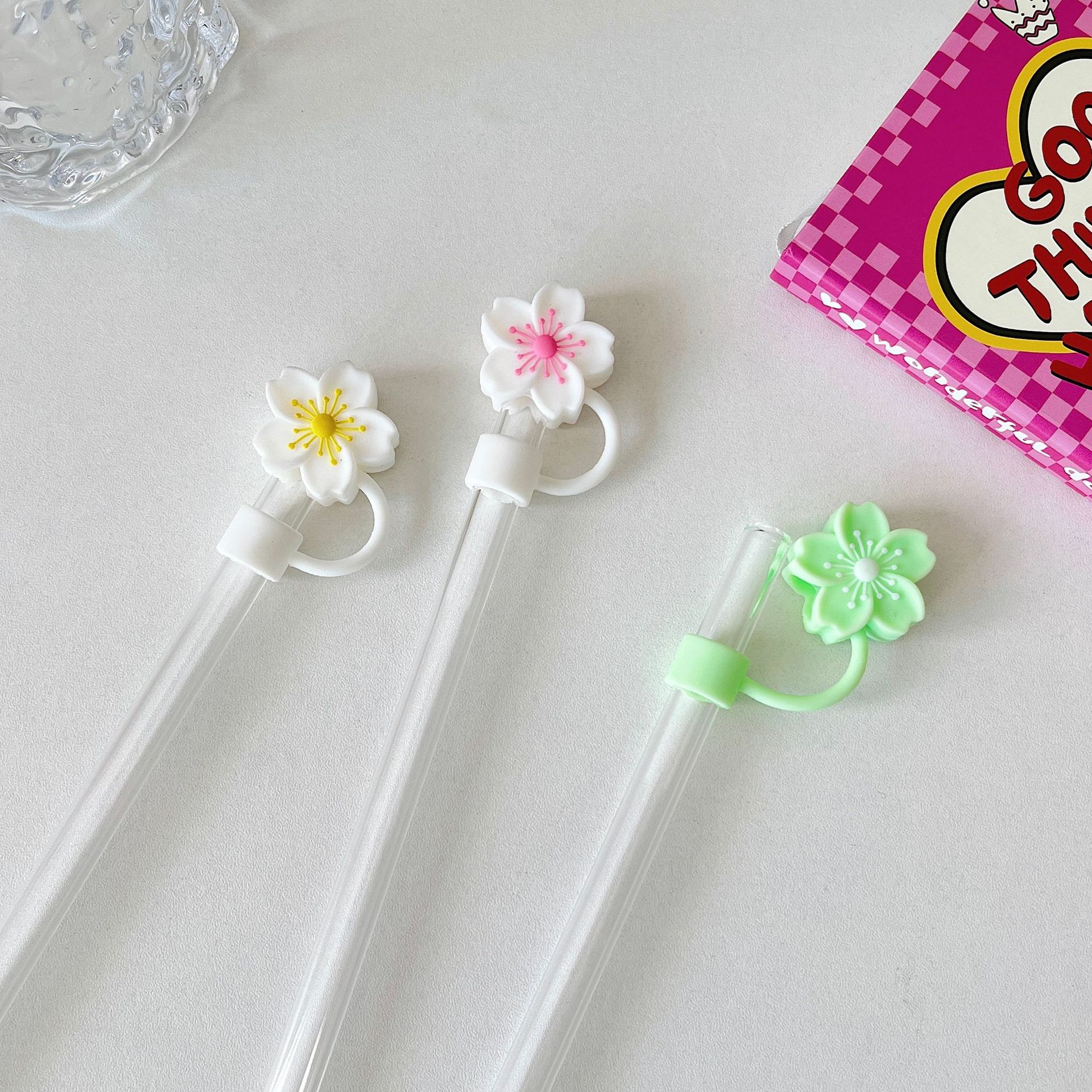 15g Weight Straw Decorative Cap Kitchen and drinking utensils Flower Pattern Cute, Pastoral Style Cute Pastoral Flower PVC Straw Decorative Cap 1 Piece 2