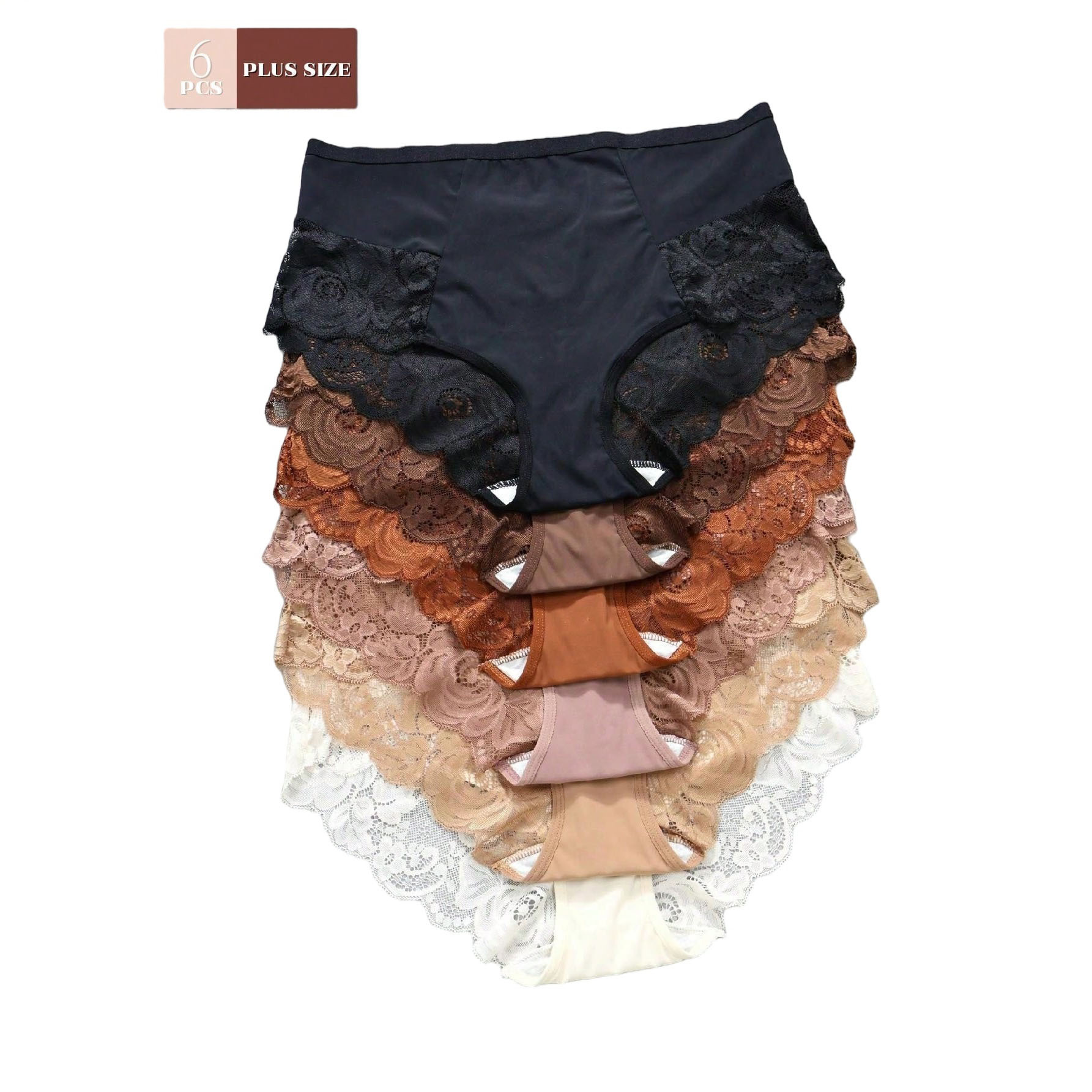 Paquete de 6 piezas - tela de cintura media para damas, pantalones íntimas de encaje sexy, pantalones elásticas, grandes, grandes, cómodas, triángulos