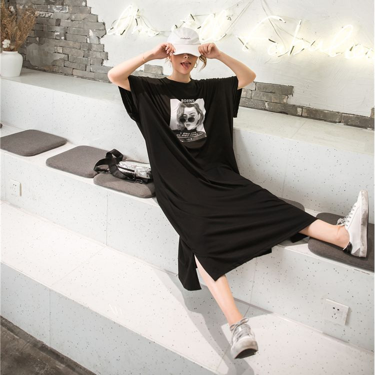 Lazy Style Slit Short-Sleeved Dress for Women, Loose Long Over-The-Knee Lazy Dress for Outer Wear, 2026 Spring and Summer T-Shirt Nightgown Lazy Style Slit Short-Sleeved Dress for Women, Loose Long Over-The-Knee Lazy Dress for Outer Wear, 2026 Spring and Summer T-Shirt Nightgown