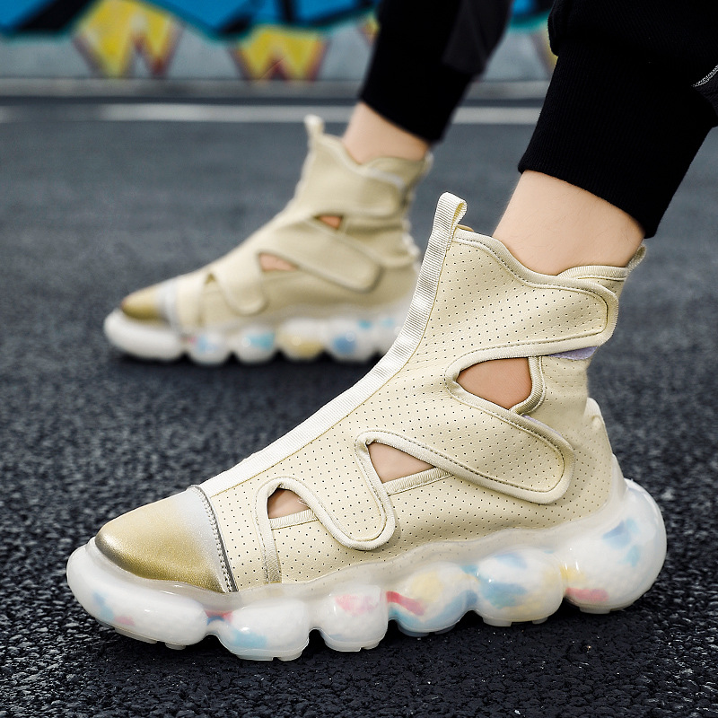 Air Cushion Popcorn Bottom Men's Sandals 2025 New Summer Hollow Leather Shoes Casual Thick Sole Sports Roman Sandals