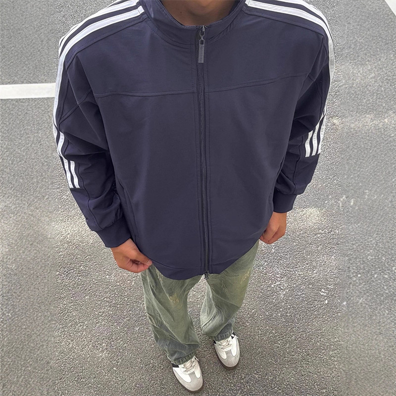 Navy Blue Three-Stripe Jacket Men's New 2025 Autum Stand-Up Collar Jacket American Fashion Brand Sports Jacket