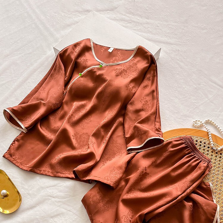 短袖长裤真丝睡衣套装女春夏新款桑蚕丝中国风家居服带胸垫|undefined