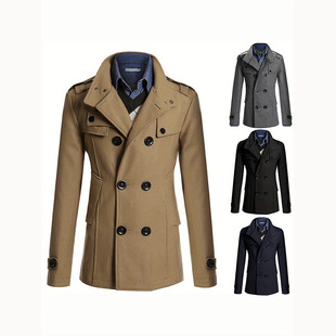 2025 Export Autumn and Winter New Men's Woolen Coat Men's Double-Breasted Slim Stand-Up Collar Mid-Length Woolen Windbreaker