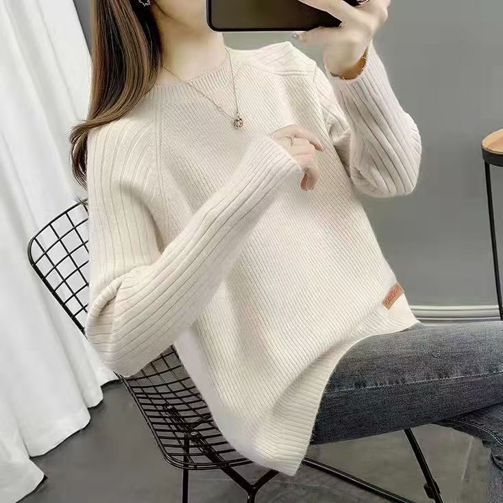 文艺圆领套头毛衣女秋冬针织上衣宽松遮肚打底衫简约毛线衫