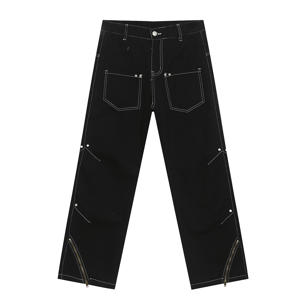 MTLCLOTHES Hombres| Diseño de línea pequeña empalmado multi-bolsillo cremallera horquilla abierta jeans de moda