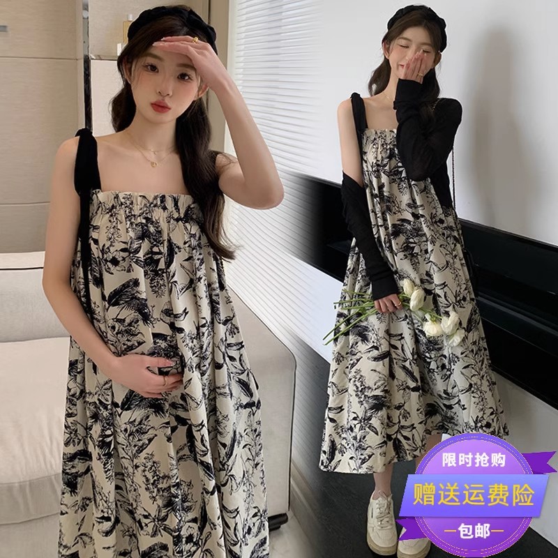 Pregnant women's sling dress pregnant women's clothing fashion suit 2023 Summer new retro ink printing loose slimming