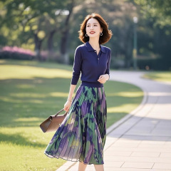 欧货蓝色针织套装女翻领打底衫上衣印花半身裙子两件套2025春秋装