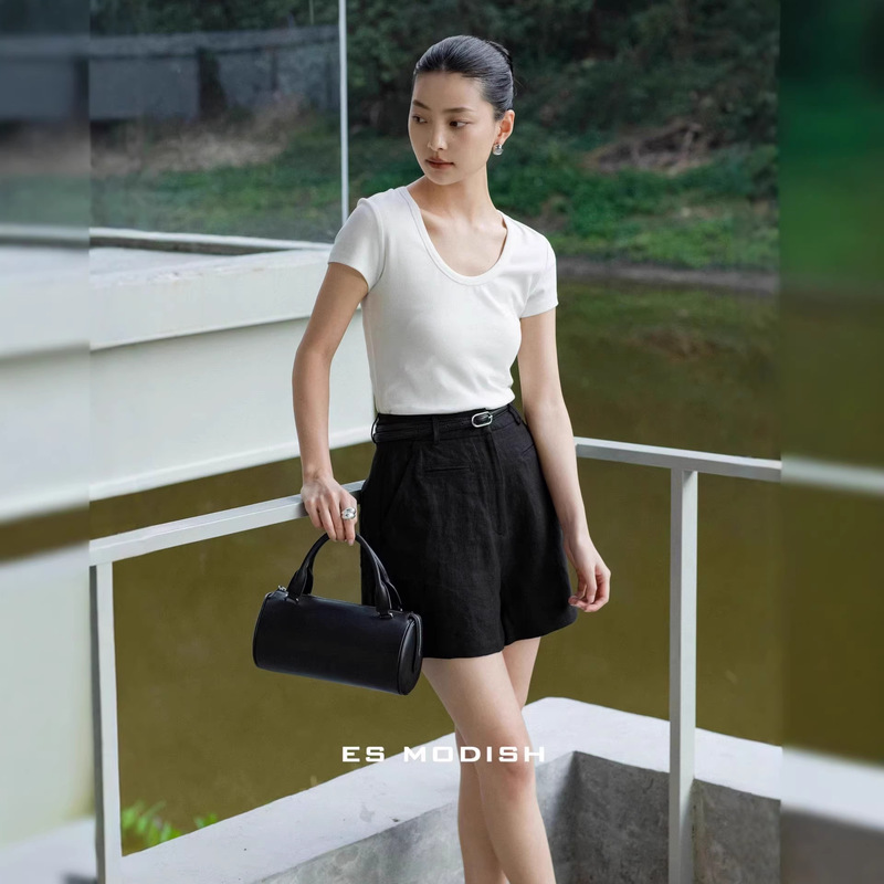 Es Modish Spring New Classic Versatile U-Neck Slim-Fit Solid Color Short-Sleeve T-Shirt Essential Base Layer Top