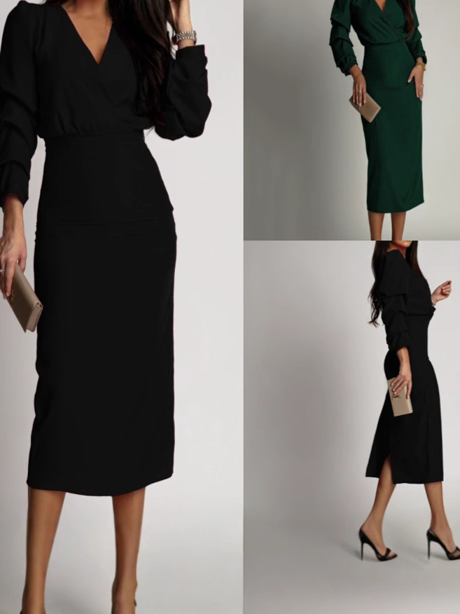 Demi-season elegant long-sleeve, evening dress, Amazon, V-neckline