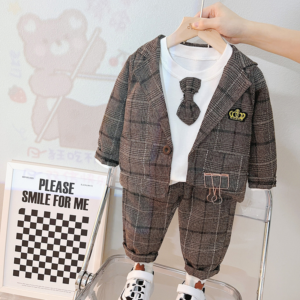 Children's clothing: Autumn long sleeved pants, three piece set, boys' plaid English suit, dress set_voghion.com