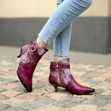 跨境外销新款现货欧美风印花拼接皮带扣细跟女靴