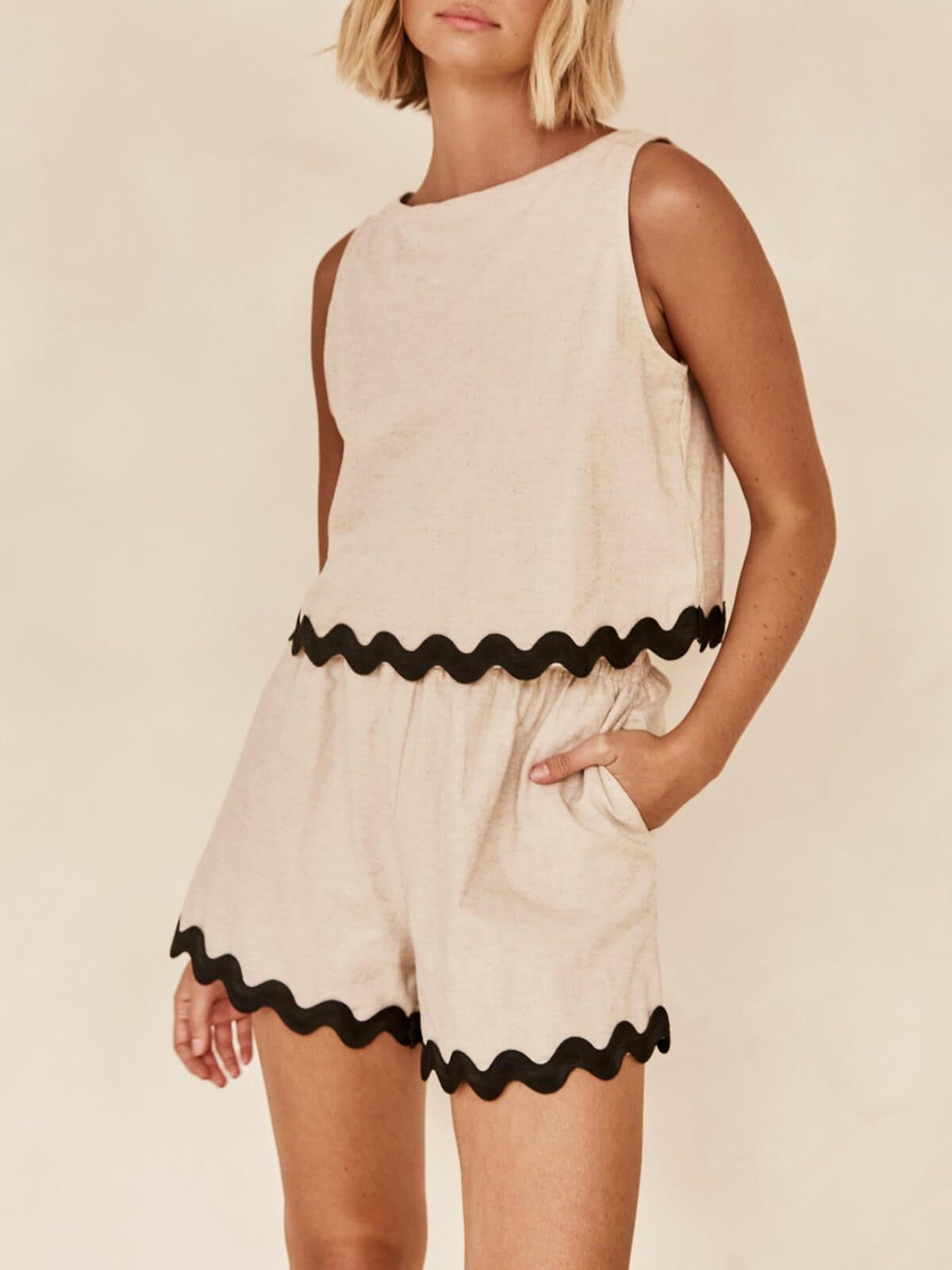 227g Weight Sleeveless Sleeve Length Linen, Lace Fabric Type Shorts Pants Type Shorts Co-ord Set Sets Type 2 Pieces Set Quantity Daily Occasion Round Neck Neckline Loose Fit Type Color Block, Waves Pattern Summer Season Women's Gender Casual Style Lace Craft Daily Women's Casual Color Block Waves Linen Lace Shorts Co-ord Set Shorts Shorts Sets 2