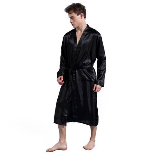 Cross-border men's solid color robe thin cardigan nightgown loose large size long sleeve spring and autumn glossy satin bathrobe