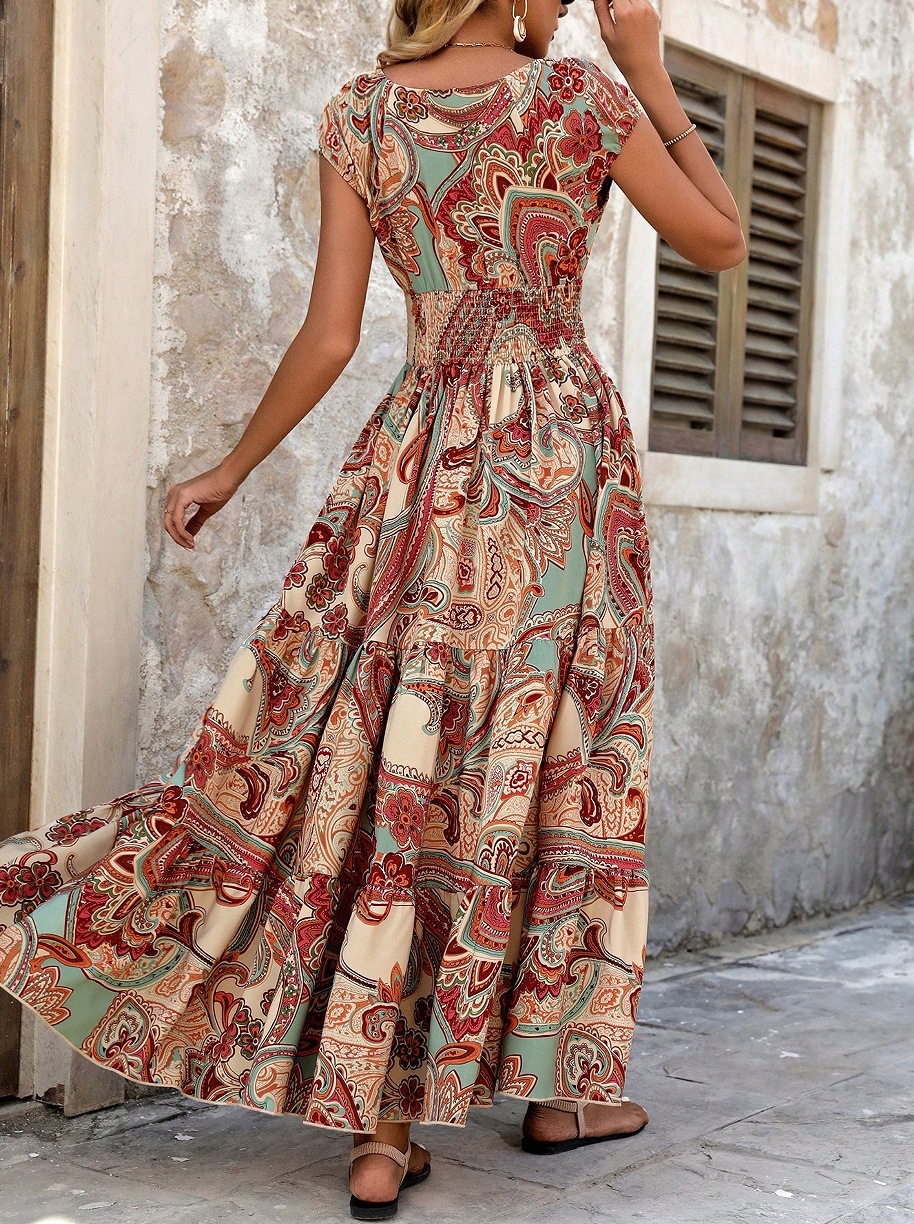 Cross-Border Vacation Style Printed Strapless For Women Summer V-Neck Short Sleeve Bohemian Fashion Long Dress_ecoleips.com