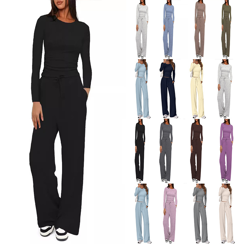 2024 European and American Cross-Border Women's New Products Pure Color Casual Suit Pleated Top High Waist Wide Leg Pants Sportswear for Women