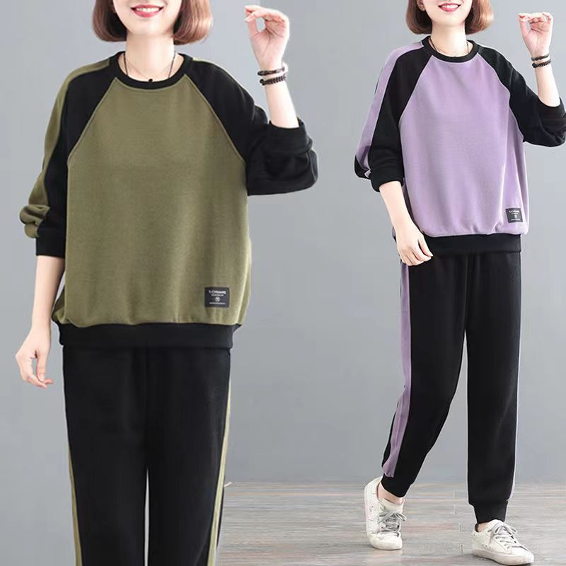 205#大码女装秋冬长袖拼接卫衣套装女装宽松休闲运动服两件套潮