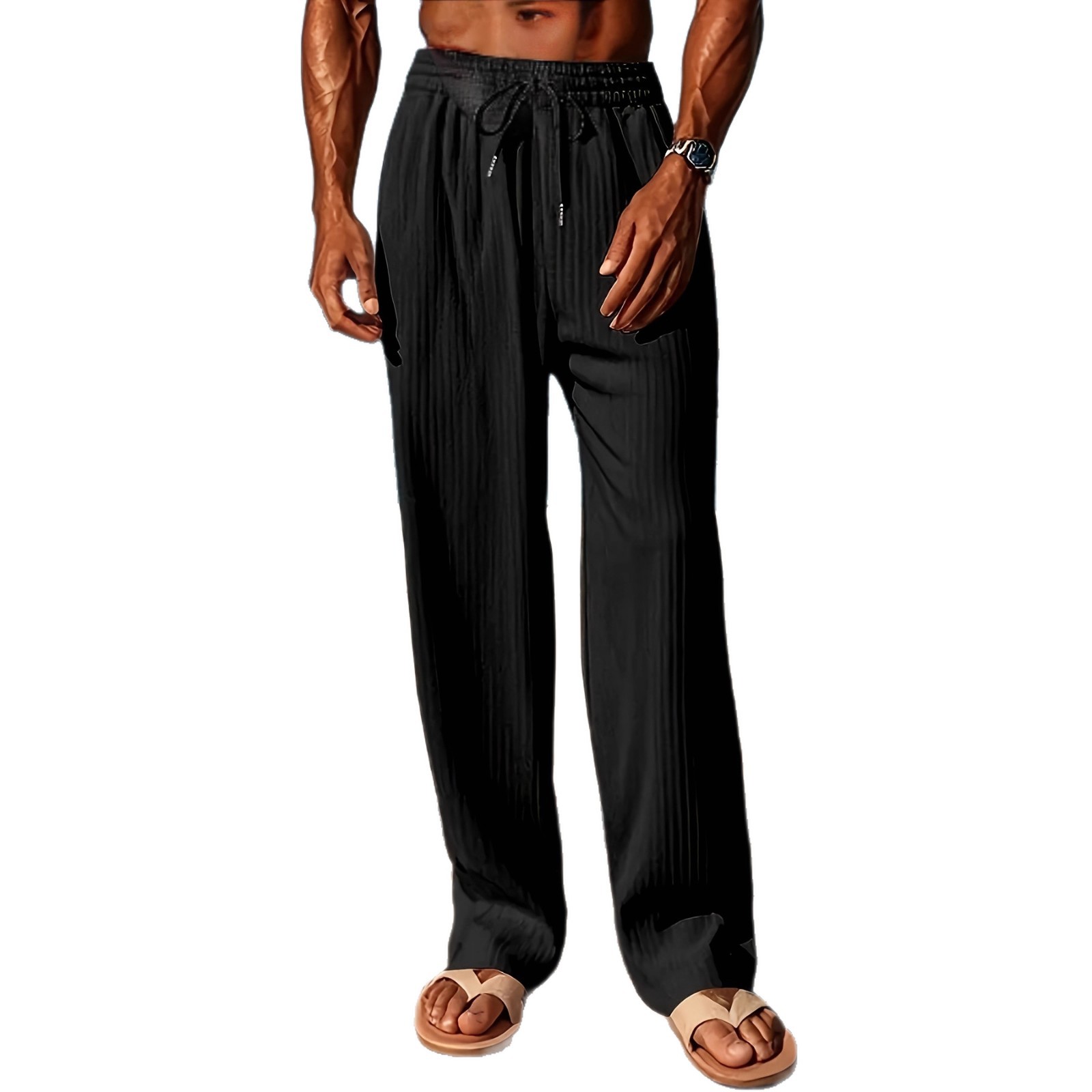 Men's Casual Straight Leg Pants With Elastic Waist - Street Style Comfort Stretch Pure Color Trousers For Daily Wear_viptrois.com