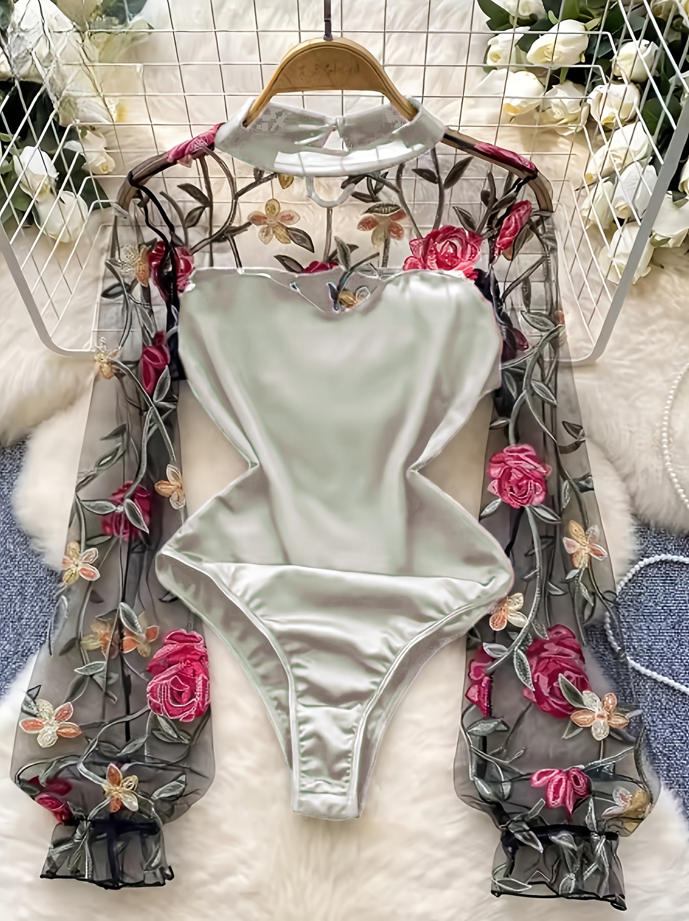 Sexy Damen-Body aus Spitzenmesh mit langen Ärmeln, halbhohem Rollkragen, transparentem Einsatz, Bauchkontrolle, dehnbarem Material – perfekt für Clubbesuche und Dates._voghion.com