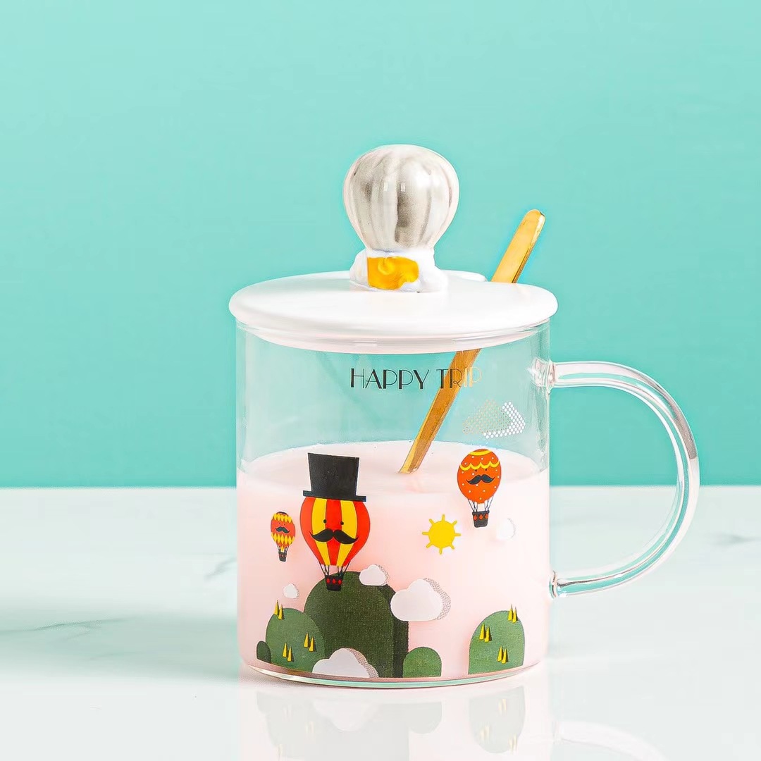 Ins globo de aire caliente personalizado tridimensional transparente vidrio con tapa Cuchara regalo Nordic taza publicidad verano taza de agua