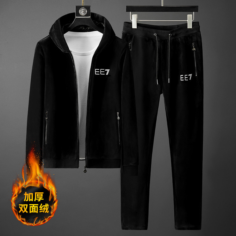 European Station 24 Autumn and Winter Men's Velvet Thickeneded Double-Sided Gold Velvet Hooded Warm Sweatshirt Casual Sports Suit for Men European Station 24 Autumn and Winter Men's Velvet Thickeneded Double-Sided Gold Velvet Hooded Warm Sweatshirt Casual Sports Suit for Men