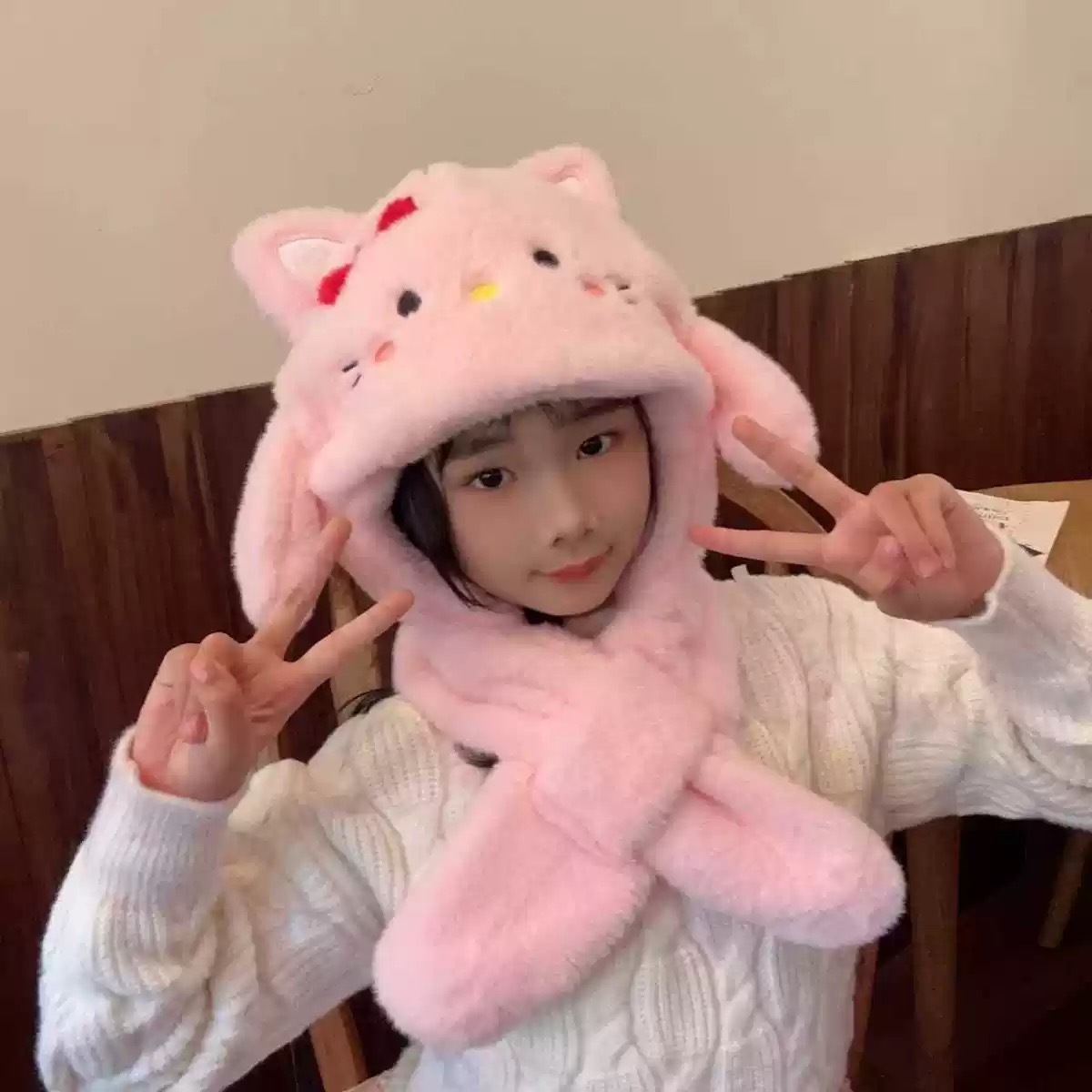 2025新款超可爱卡通猫咪帽子三件套女冬季毛绒保暖加绒加厚骑车