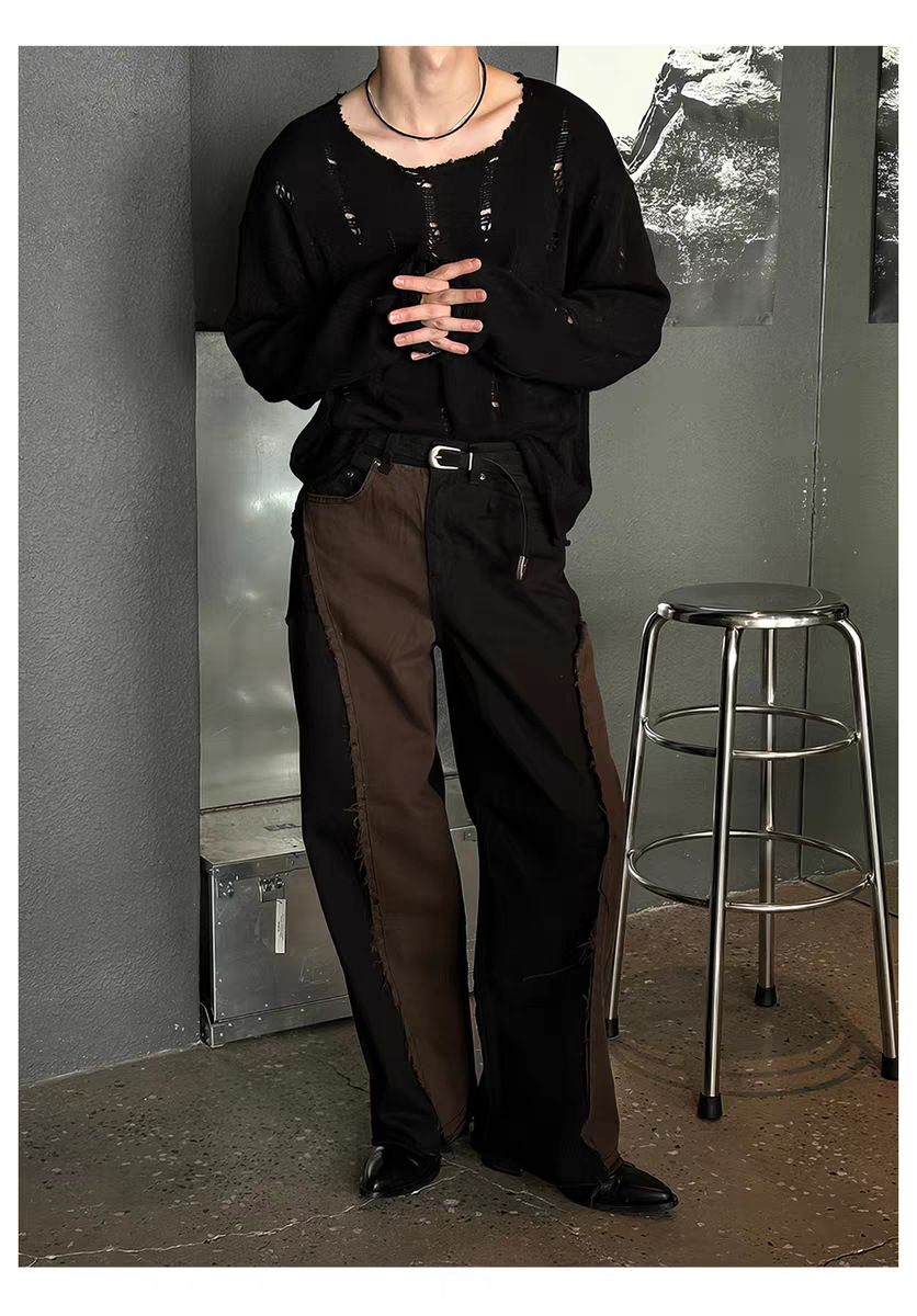 Herrenbekleidung: Herren-Strickpullover im Used-Look mit Spitzenbesatz und übergroßem Kragen – Trendiger Langarmpullover für Streetwear und Lagenlook_voghion.com