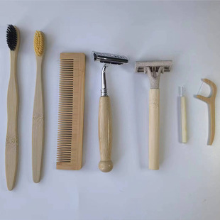 Hotel Disposable Bamboo Toiletries Set: Bamboo Toothbrush, Comb, Razor, Dental Floss, Interdental Brush, Eco-Friendly and Customizable