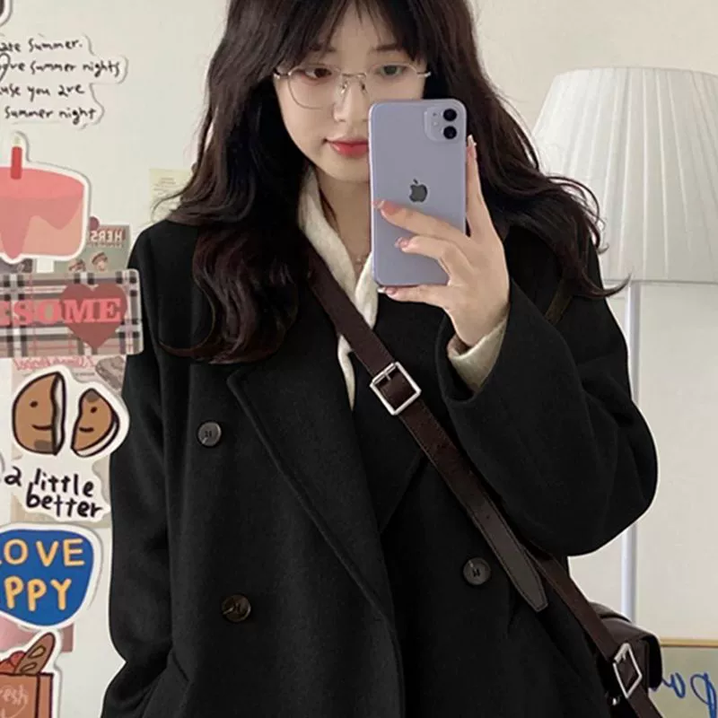 Черное высококачественное двустороннее кашемировое пальто для женщин, новинка осени-зимы 2024, в стиле Хепберн, с классическим силуэтом, укороченное шерстяное пальто.